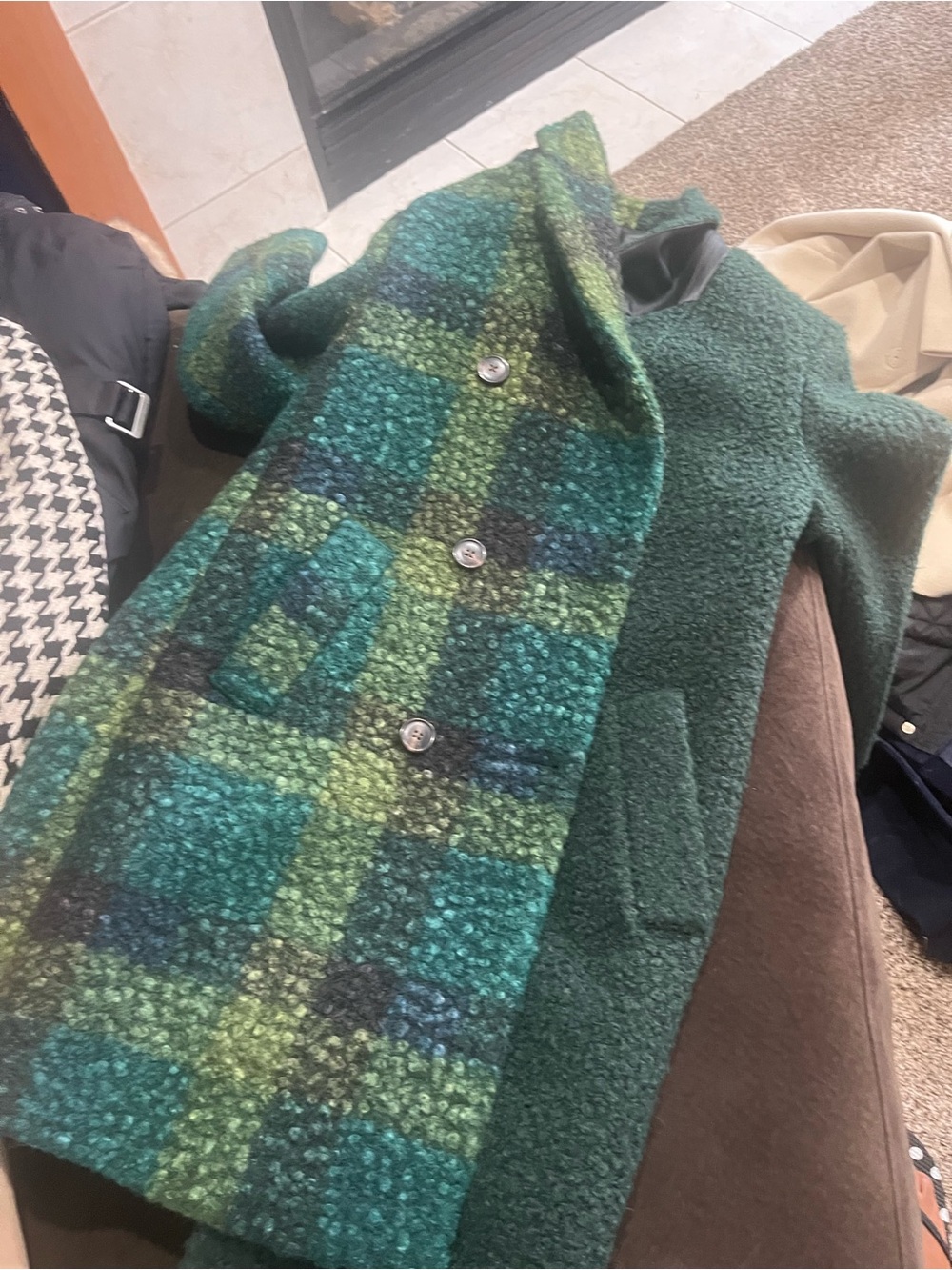 NVLT Green Plaid Bouclé Wool-Blend Pea Coat